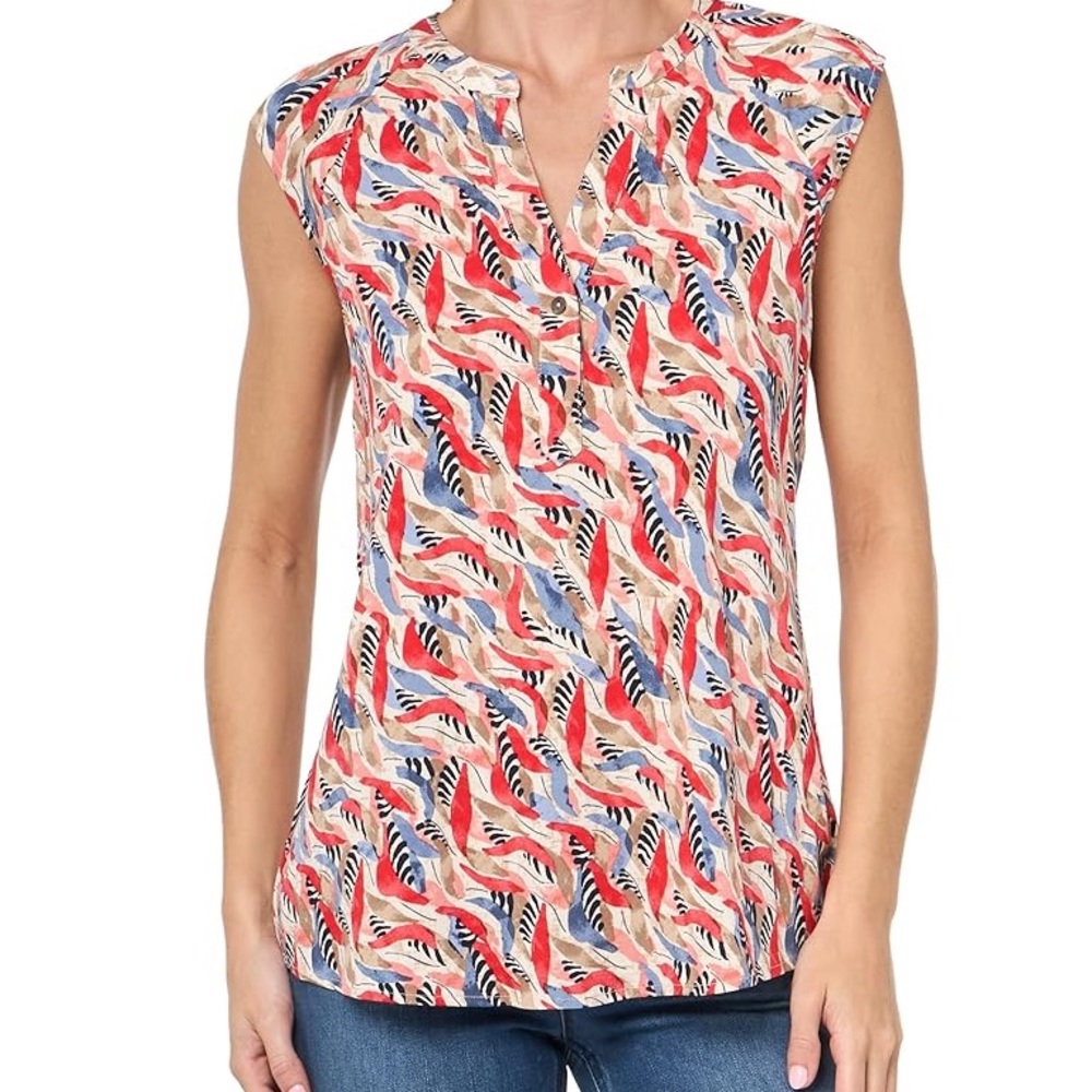 NIC+ZOE Coral Waves Live in Tank Sleeveless Pleated V-Neck Top Blouse MEDIUM EUC